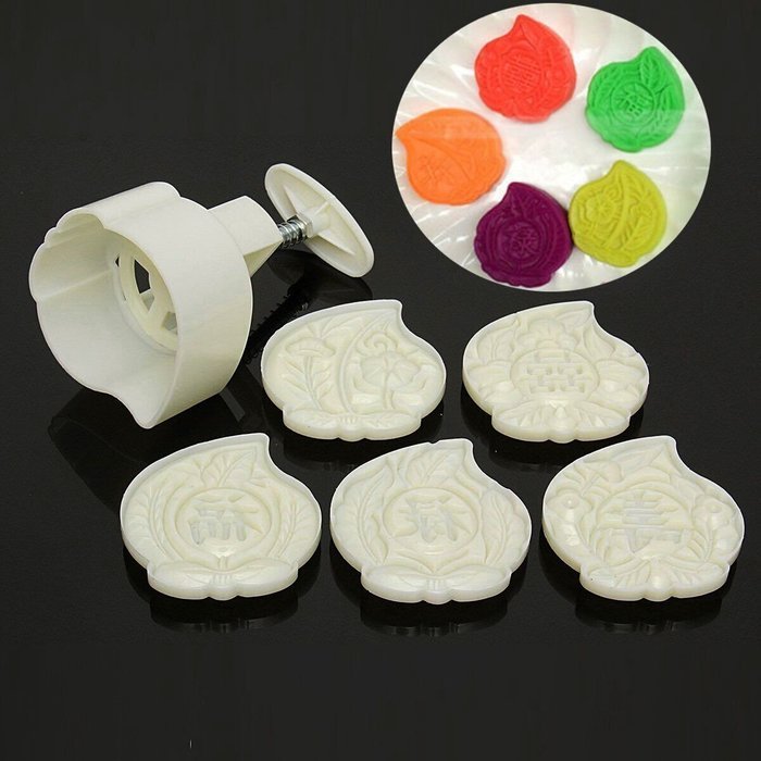 Jeteven Birthday Peach-shaped Moon Cake Mold Hand Pressure Mould with 5pcs Stamps Baking DIY Tool N4