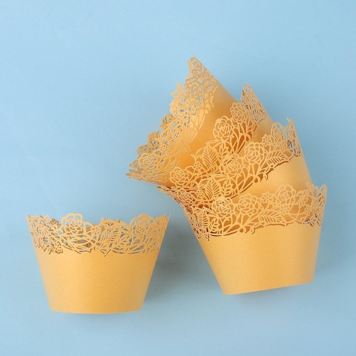 50pcs Filigree Vine Lace Cut Cupcake Wrapper Liner Baking Cup Case Trays Wedding Birthday - Yellow, Rose