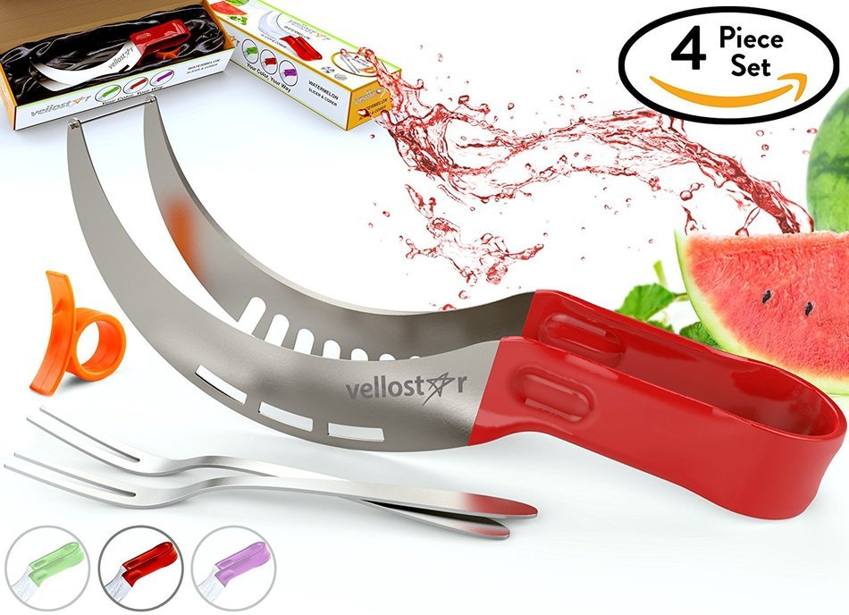 WATERMELON SLICER CORER CUTTER TONGS and SERVER SET With SS304 Serving Fork & Orange Peeler, Kitchen-Grade 304... N9