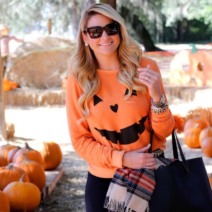 Oksale Women Halloween Pumpkin Cotton O-Neck Long Sleeved Blouse Shirt (XL) N11