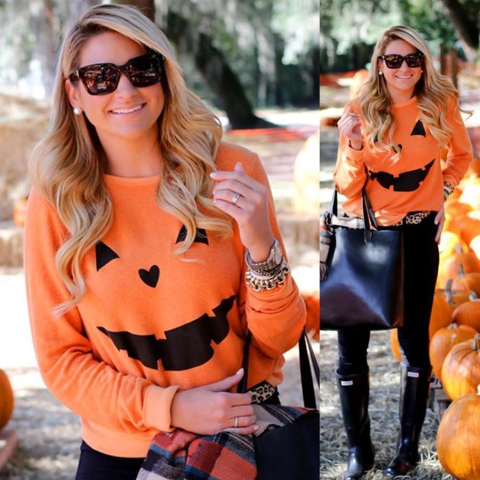 Oksale Women Halloween Pumpkin Cotton O-Neck Long Sleeved Blouse Shirt (XL) N15