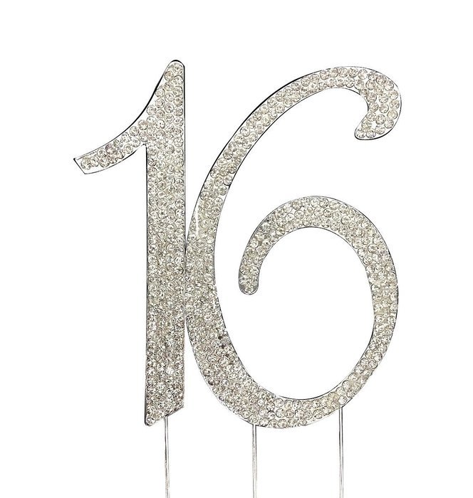Large Sweet 16 Birthday Cake Topper with Sparkling Rhinestone Crystals (Silver) N3