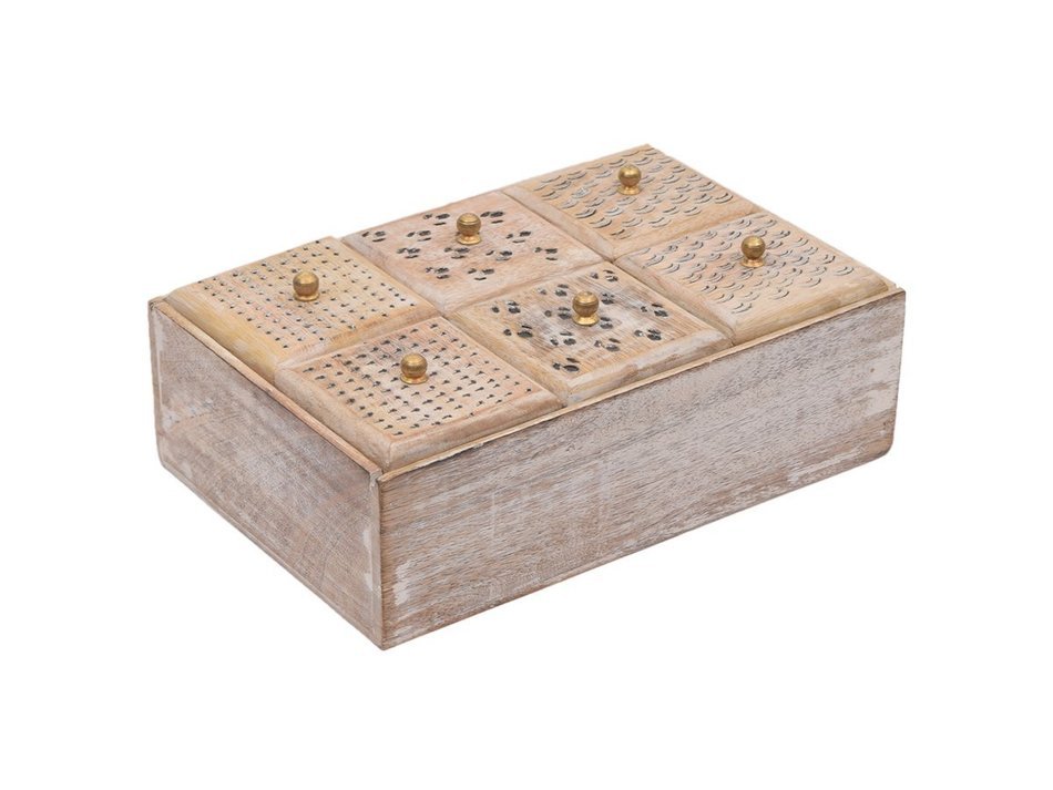 Store Indya Tea Holder Storage Box Chest Hand Carved with Wood Brass Inlay Pill Boxes N3