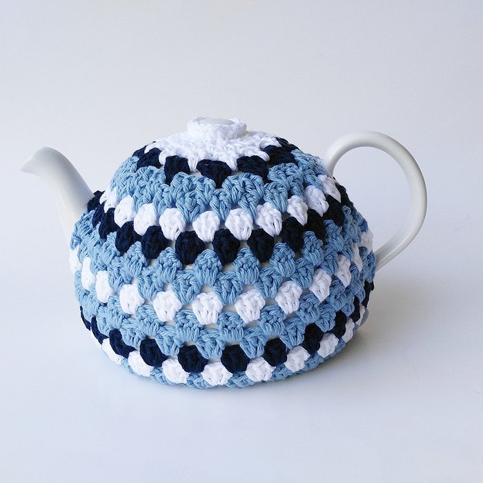 Crochet Tea Pot Cozy Light Blue Navy White Cotton N4