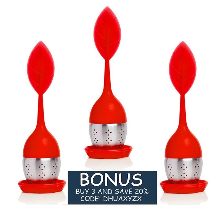 TEA DUNKERS Silicone Leaf Handle and Drip Tray Loose Leaf Long Handled Tea Infuser Strainers RED N2