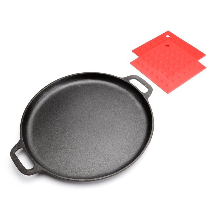 Cast Iron Pizza Pan, 14 inch, with 2 potholders N4