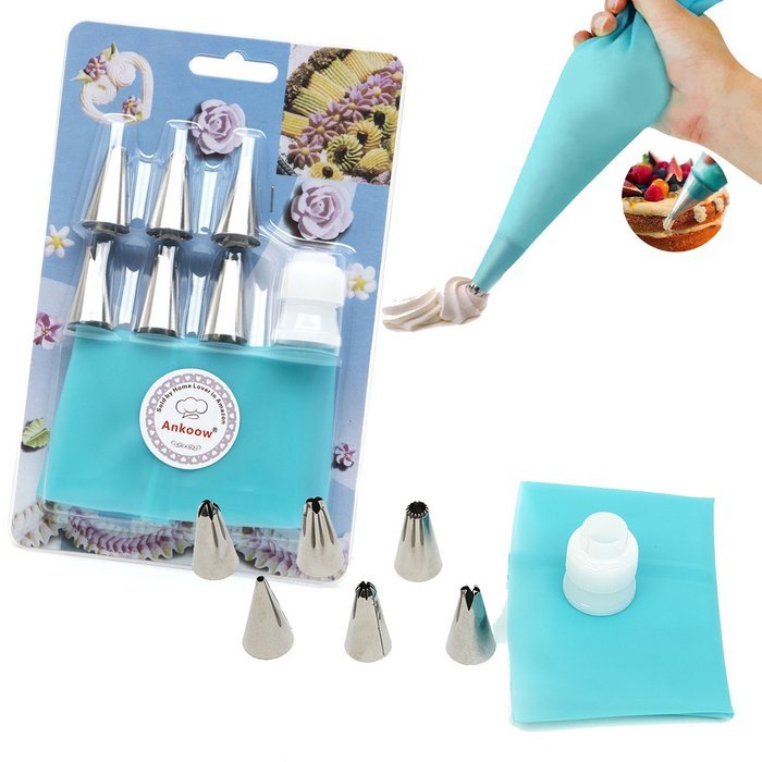 8-Piece Cake Decorating Tools Set Includes 6 Size Nozzles Tips 1 Reusable Silicone Icing Piping Bag 1 Coupling... N4