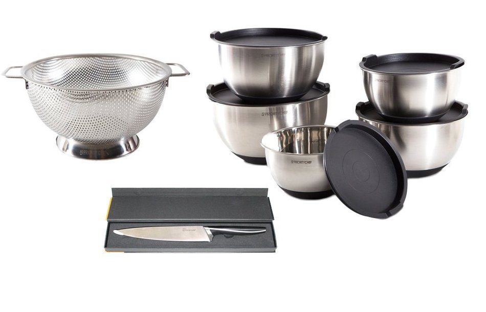 PriorityChef 5 Piece Mixing Bowl Set, Colander, and 8 Inch Chef Knife Bundle, Perfect Gift Idea for Culinary Enthusiasts