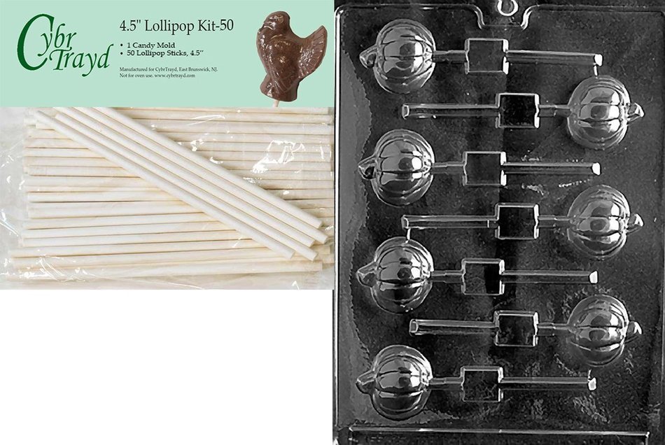Cybrtrayd 45St50-T009 Pumpkin Lolly Thanksgiving Chocolate Candy Mold with 50-Pack 4.5-Inch Lollipop Sticks