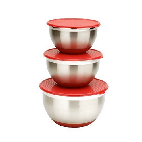 MIU France Set Of 3 Stainless Steel Mixing Bowls With Lids Silver Red MIU France Set Of 3 Stainless Steel Mixing Bowls With Lids Silver Red