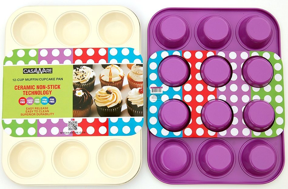 casaWare Ceramic Coated NonStick 12 Cup Muffin Pan (Cream/Red) N2