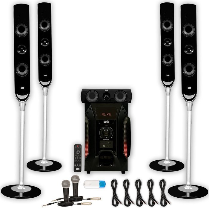 Acoustic Audio AAT1000 Tower 5.1 Speaker System with USB Bluetooth 2 Mics and 5 Extension Cables N2