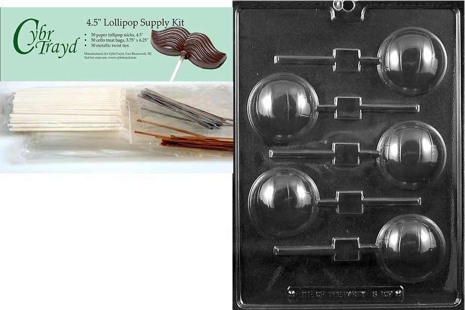 Cybrtrayd 45StK50-S107 Volleyball Lolly Sports Chocolate Candy Mold, Includes 50 Lollipop Sticks, 50 Cello Bags...