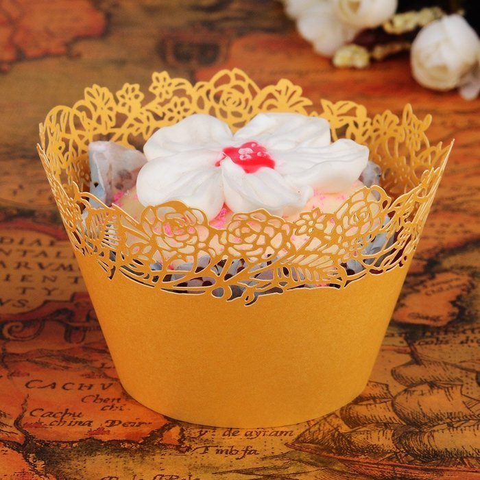 50pcs Filigree Vine Lace Cut Cupcake Wrapper Liner Baking Cup Case Trays Wedding Birthday - Yellow, Rose N2
