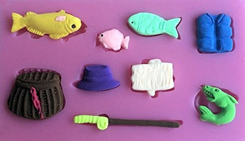 Fishing Things 9 Cavity Silicone Mold, Candy, Fondant, Cake Decorating 10 Cavities