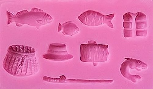 Fishing Things 9 Cavity Silicone Mold, Candy, Fondant, Cake Decorating 10 Cavities N2