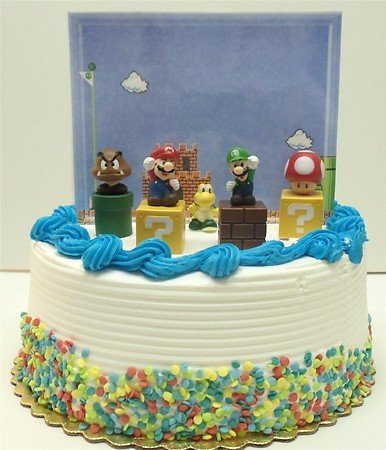 Super Mario Brothers Game Scene Birthay Cake Topper Featuring 2" Figures of Mario, Luigi, Mushroom, Goomba, Koopa... N6