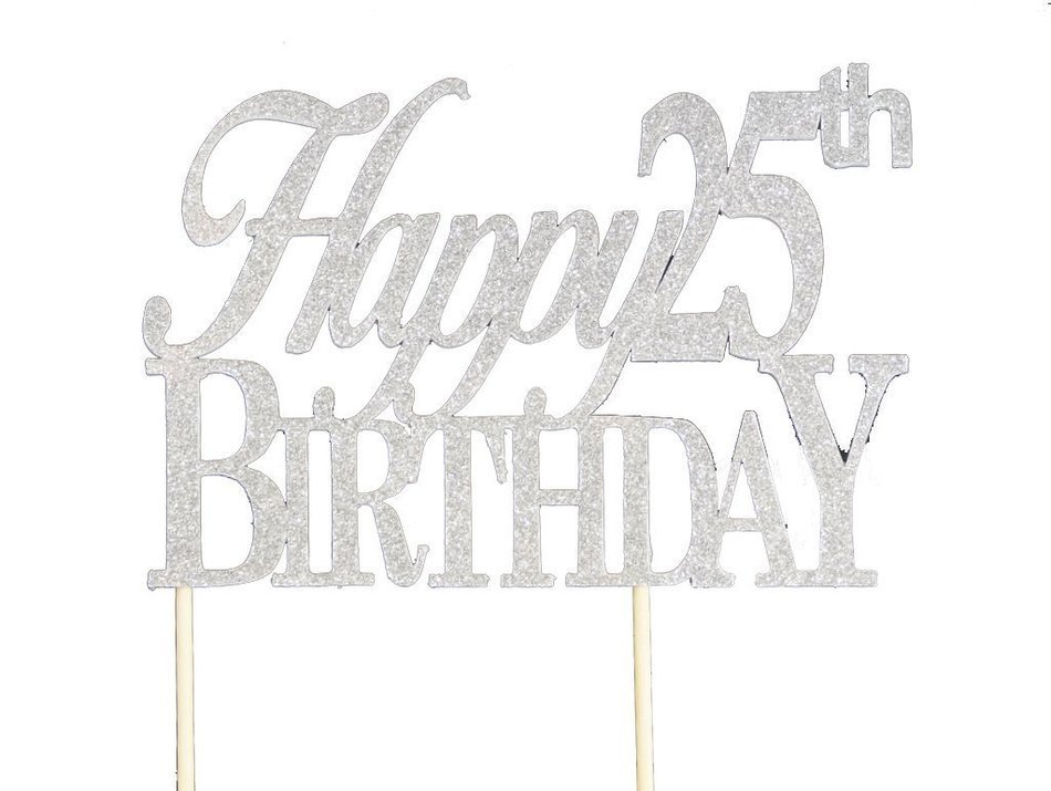 All About Details Silver Happy-25th-birthday Cake Topper