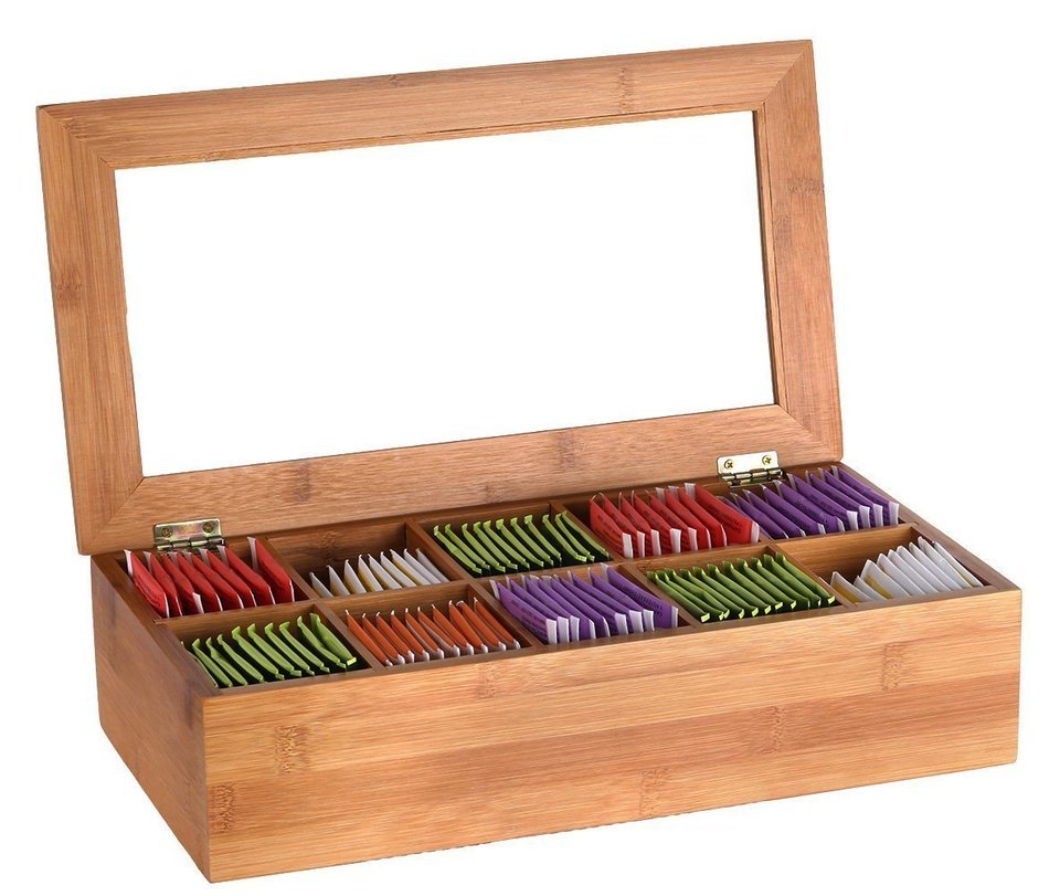 Estilo Bamboo Tea Storage Box, 10 Equally Divided Compartments
