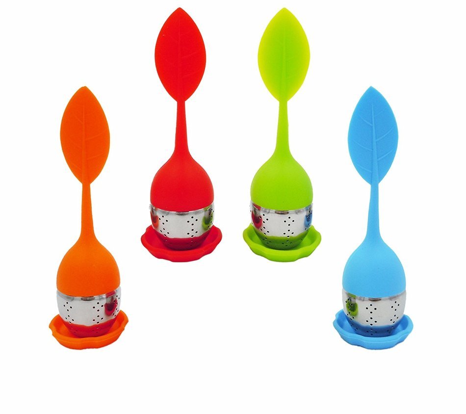 NELPLA Set of 4 Color Silicone Handle Stainless Steel Strainer,Included Drip Tray - Loose Tea Steeper- Best for... N2