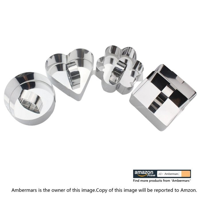 Ambermars 4pcs Mousse Cake Pastry Ring Stainless Steel Cutters Mousse Mold - Heart,Flower,Circle,Square Shaped... N6