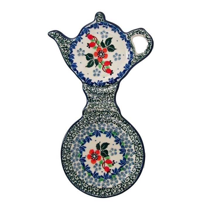 Polish Pottery Handmade 8'' Cup and Teabag Holder Boleslawiec Poland Traditional Stoneware Pattern Pink Blooms