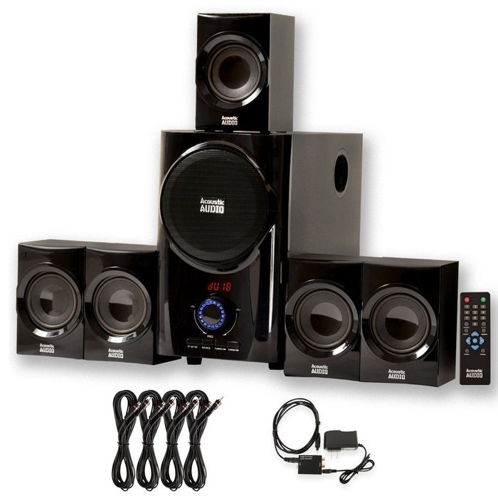 Acoustic Audio AA5160 Home 5.1 Speaker System with Optical Input FM Tuner and 4 Extension Cables