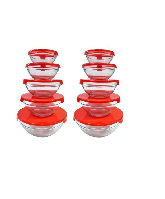 Set of 2 5-piece Glass Mixing and Storage Bowl Set with Red Lids, (2) 4-cup Bowls, (2) 2.25-cup Bowls, (2) 1.75...