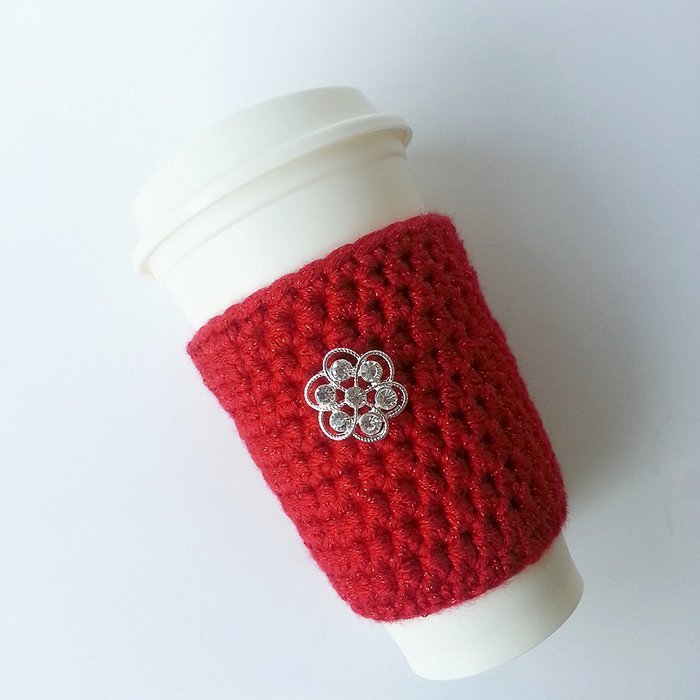 Coffee Cozy Red with Clear Rhinestone Button N2