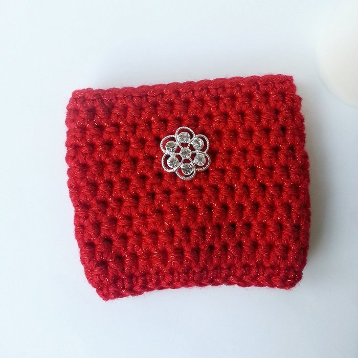 Coffee Cozy Red with Clear Rhinestone Button N3