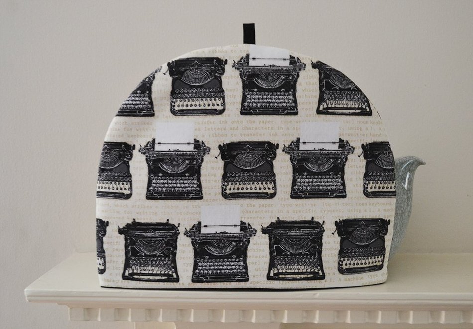 Vintage Typewriters Artisanal Tea Cozy - Black White Cream Cotton Print - Homage to Ana&iuml;s Nin & Henry Miller -...