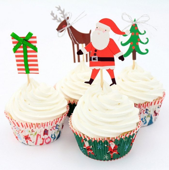 Yunko 24pcs Christmas Cake Cupcake Decorative Cupcake Topper for Christmas Party Themed Party (Wrappers and Toppers) N3