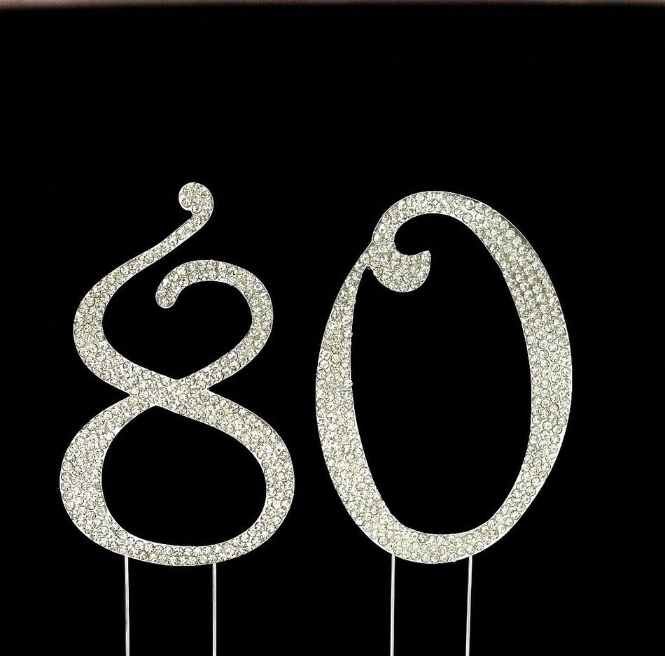 Large 80th Birthday Number Cake Topper with Sparkling Rhinestone Crystals - 4 1/2