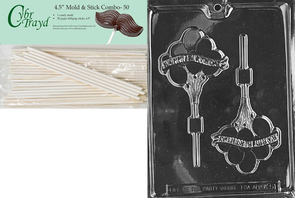 Cybrtrayd 45St50-K051 Happy Birthday Balloons Lolly Kids Chocolate Candy Mold with 50 Cybrtrayd 4.5-Inch Lollipop...