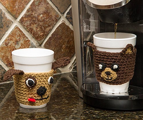 Animal Coffee Cozy Cup Sleeves (2 Pack: Monkey & Pig) - 100% Cotton Knitted Handmade, Reusable, Easy To Clean,... N8