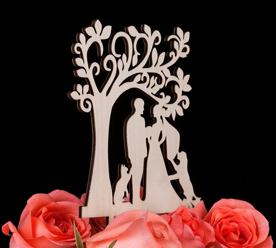 LOVENJOY Gift Box Pack Bride and Groom with Dog and Cat Silhouette Tree Wedding Engagement Cake Topper Rustic...