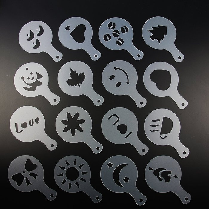 LOHOME&reg; Coffee Latte Garland Mould - 16 PCS Cappuccino Plastic Template + FREE Stainless Steel Powder Shaker -... N6