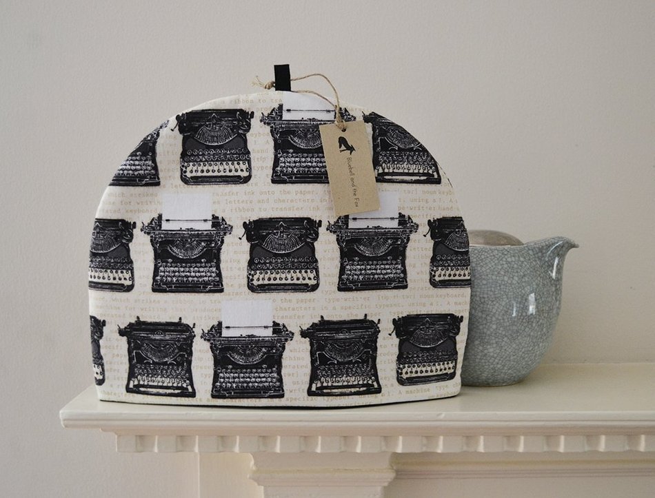 Vintage Typewriters Artisanal Tea Cozy - Black White Cream Cotton Print - Homage to Ana&iuml;s Nin & Henry Miller -... N2