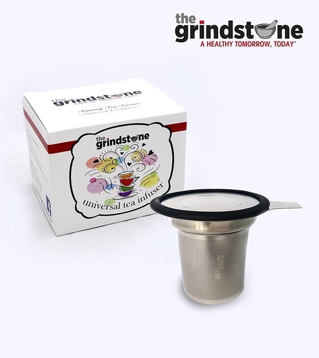 the Grindstone, Universal Tea Infuser, Easy Brewing of Loose Leaf Teas, Stainless Steel with Black Lid (New Item)