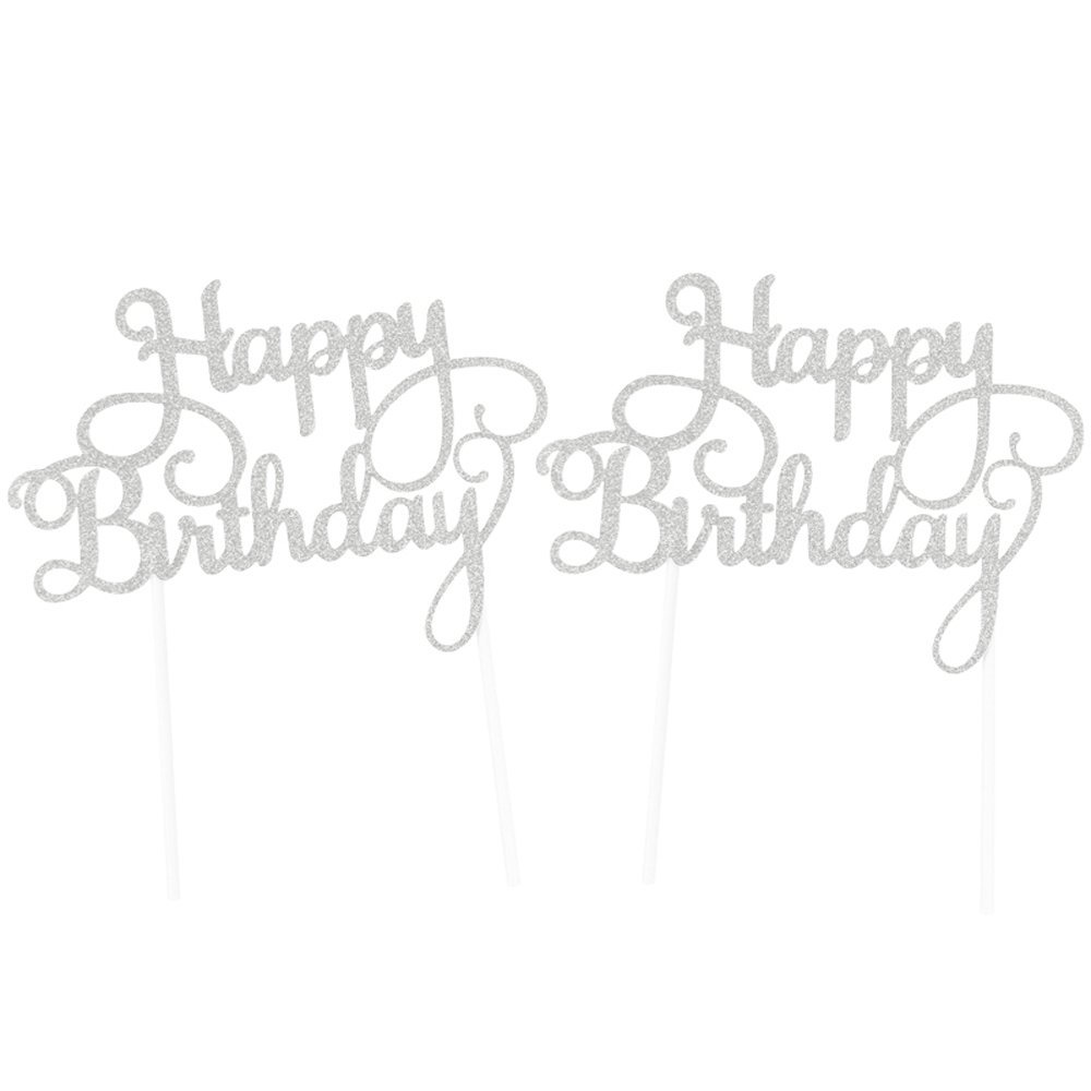 SUNBEAUTY Pack of 2 Silver Glitter Happy Birthday Cake Topper ...