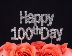 LOVENJOY with Gift Box Happy 100th Day Crystal Rhinestone Baby Shower Cake Topper Silver, 3.9-inch