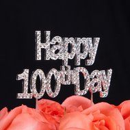 LOVENJOY with Gift Box Happy 100th Day Crystal Rhinestone Baby Shower Cake Topper Silver, 3.9-inch N2