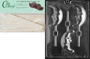 Cybrtrayd 45St50-M128 Crescent Moon Lolly Miscellaneous Chocolate Candy Mold with 50-Pack 4.5-Inch Lollipop Sticks
