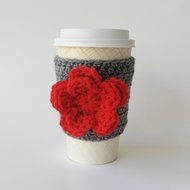 Coffee Sleeve Coffee Cup Cozy Grey Flower Applique N2