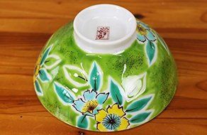 Kutani Pottery Rice Bowl Green Bowl Yellow &amp; Blue Flower BI-5 From Japan N3