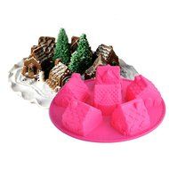 Silicone 6 Slot Cake Gingerbread House Shape DIY Cake Muffin Bread Baking Mold Mould Pan Tray Bakeware Tool (Pink) N6
