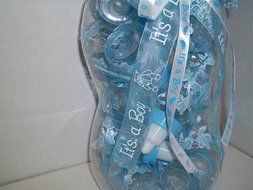 Baby BLUE Bottle Fillable Baby Bottles Decorated Centerpiece Gift Keepsake with 20 small fillable bottles N2