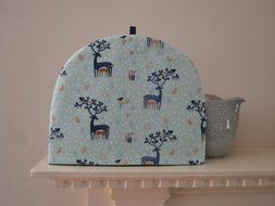 Artisanal Insulated Tea Cozy - Blue Deer Antlers Mythological Print - Foxes, Rabbits, Woodland Scene - 4 Sizes