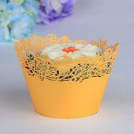 50pcs Filigree Vine Lace Cut Cupcake Wrapper Liner Baking Cup Case Trays Wedding Birthday - Yellow, Rose N5