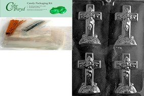 Cybrtrayd Small Cross with Base Chocolate Candy Mold with Chocolate Packaging Bundle, Includes 25 Cello Bags,... N2